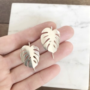 monstera earrings / silver delicious monster dangles / handmade monstera leaf earring / big statement drop earrings image 3