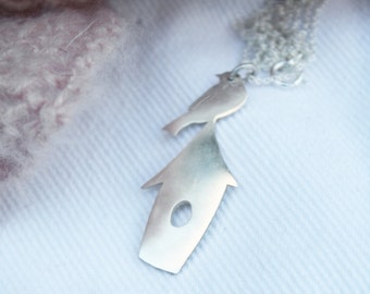 bird necklace / little bird house pendant / bird watching / silver house pendant