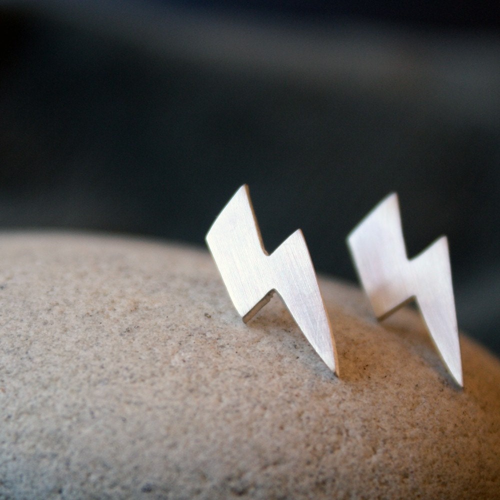 lightning bolt stud earrings / silver lightning studs / ACDC Etsy
