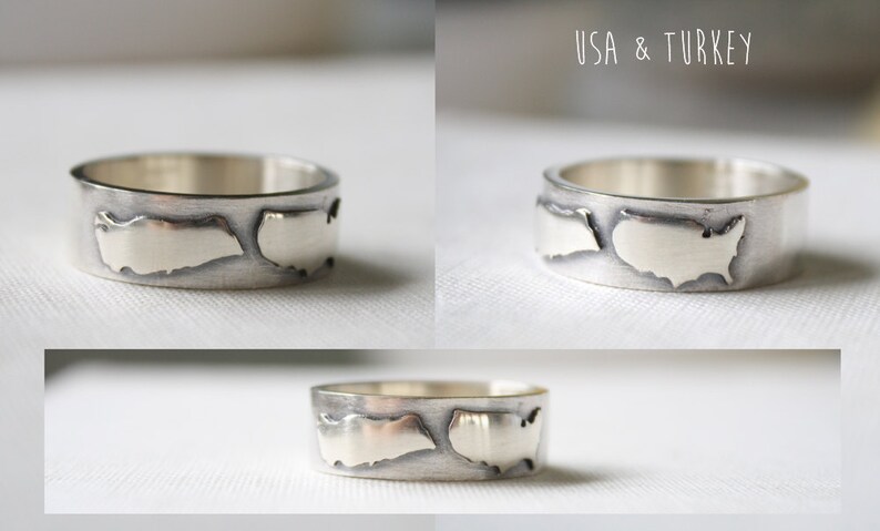 silver country ring personalized with 2 countries or states / unique chunky wedding ring image 5