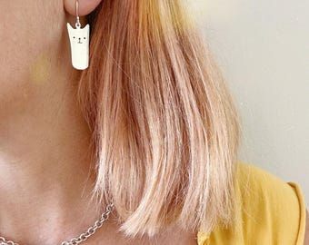 Cat earrings handmade in sterling silver / quirky and cute kitty dangles for cat lovers or crazy cat lady / girlfriends or wife gift