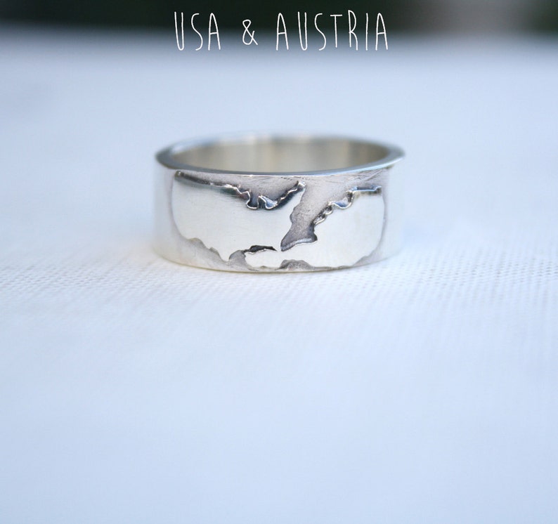 silver country ring personalized with 2 countries or states / unique chunky wedding ring image 2