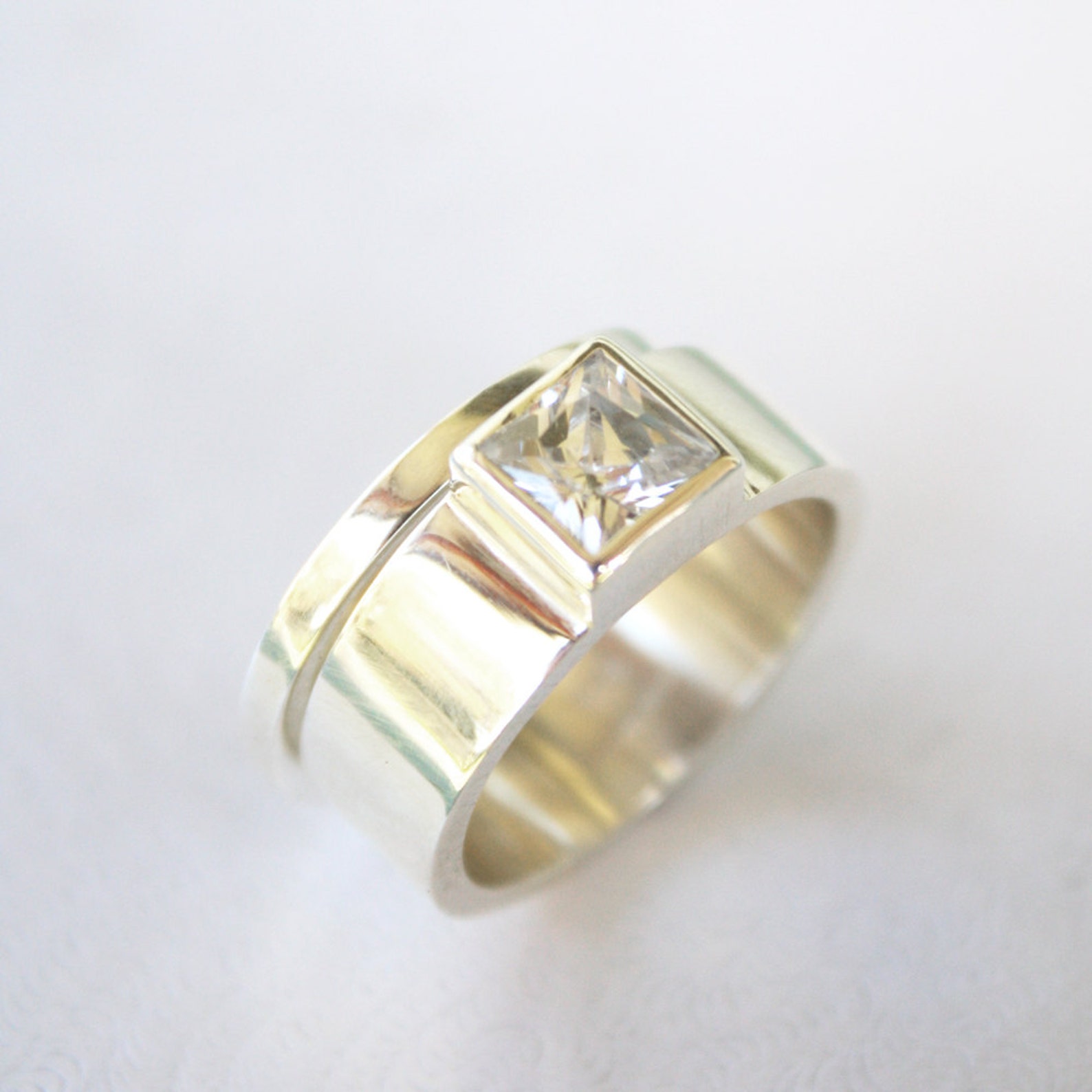 Unique Engagement Ring Square Diamond Ring Chunky Silver Ring Etsy