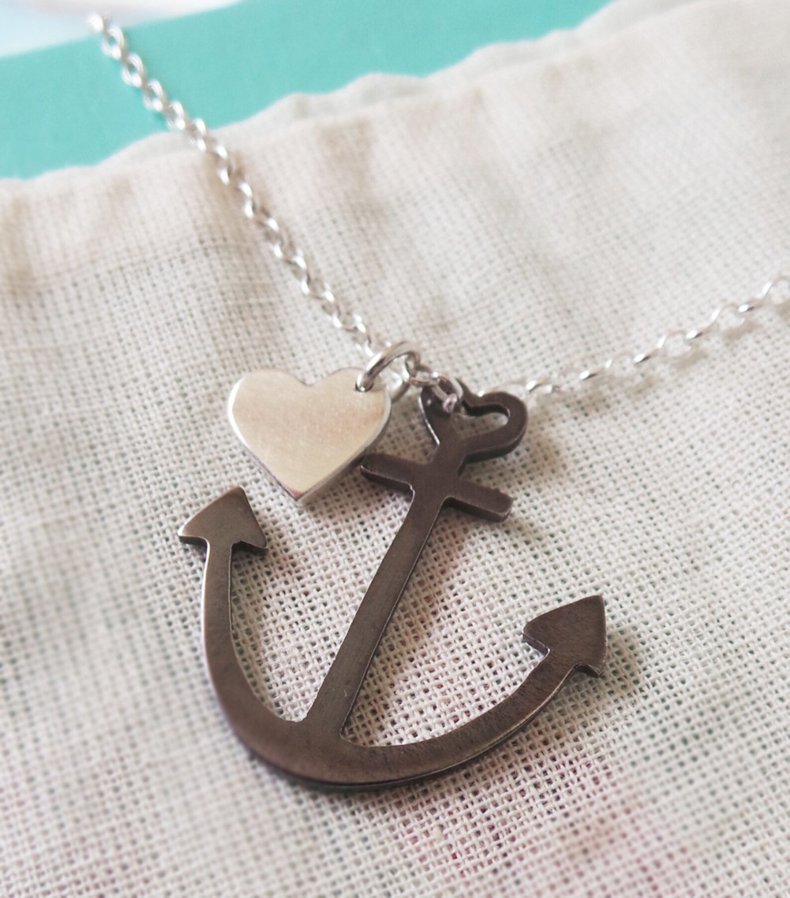 Anchor Necklace Black Anchor Anchor With Heart Charm Sterling Etsy