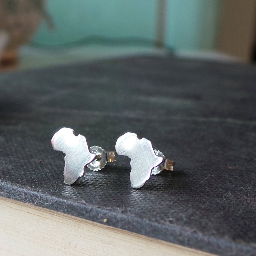 silver Africa stud earrings / handmade African jewelry / map of Africa earrings / Africa travel gift