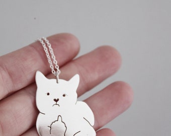 rude cat pendant / grumpy cat necklace / cat pendant / sterling silver cat cartoon jewelry / quirky jewellery