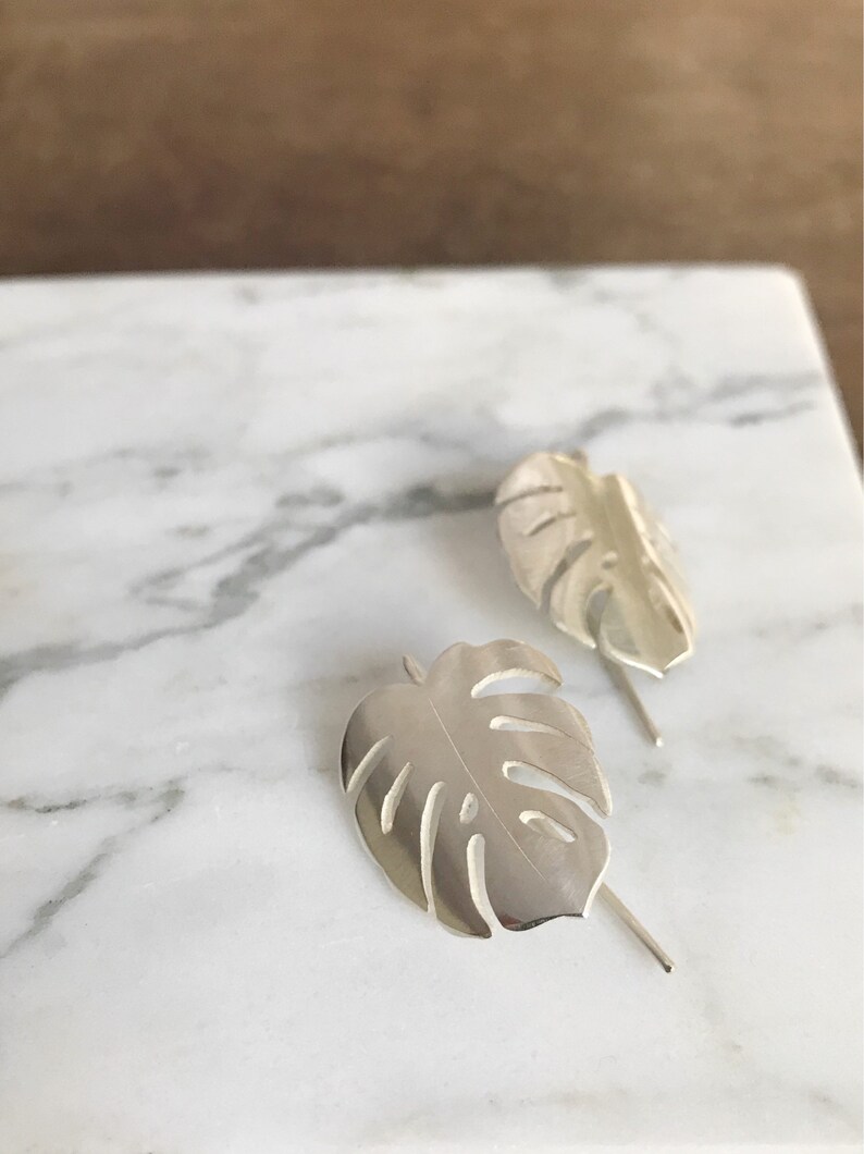 monstera earrings / silver delicious monster dangles / handmade monstera leaf earring / big statement drop earrings image 5