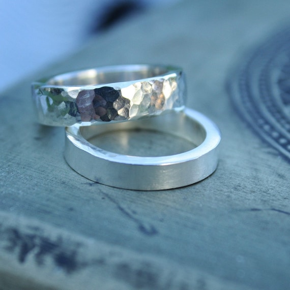 hammered silver ring / 5.5mm thick band / textured silver ring / chunky ring set