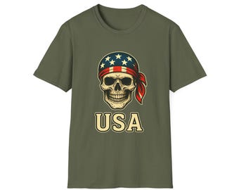 USA Skull Graphic T-Shirt, Patriotic Vintage Style Tee