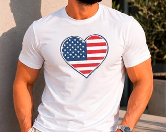 American Flag Heart T-Shirt | Patriotic USA Heart Shirt, Fourth of July Tee