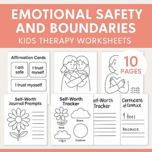 Pode incluir: Um conjunto de folhas de trabalho de terapia infantil com o título "EMOTIONAL SAFETY AND BOUNDARIES". As folhas de trabalho incluem cartões de afirmação, prompts de diário de autoestima e rastreadores de autoestima. A imagem também mostra uma contagem de páginas de 10 páginas.