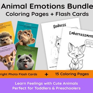 May include: A bundle of educational materials featuring flash cards and coloring pages. The flash cards display animal illustrations representing emotions like anger and curiosity. The coloring pages feature line drawings of animals. The text reads "Animal Emotions Bundle".