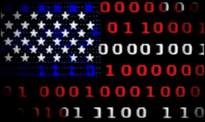 Puede incluir: Obra de arte digital que representa la bandera estadounidense. Las estrellas y las franjas de la bandera est&aacute;n representadas por c&oacute;digo binario en blanco, rojo y azul sobre un fondo negro. La imagen transmite un tema tecnol&oacute;gico o digital.