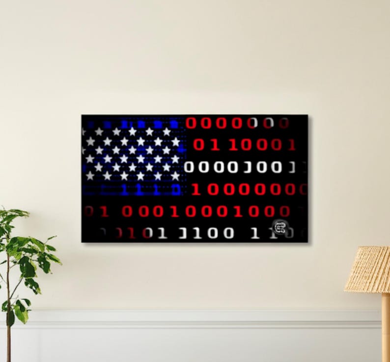 Puede incluir: Una obra de arte enmarcada que representa la bandera estadounidense, representada en un estilo de c&oacute;digo binario digital. Las estrellas y las rayas de la bandera est&aacute;n representadas con estrellas blancas, d&iacute;gitos binarios rojos y azules y un fondo negro.