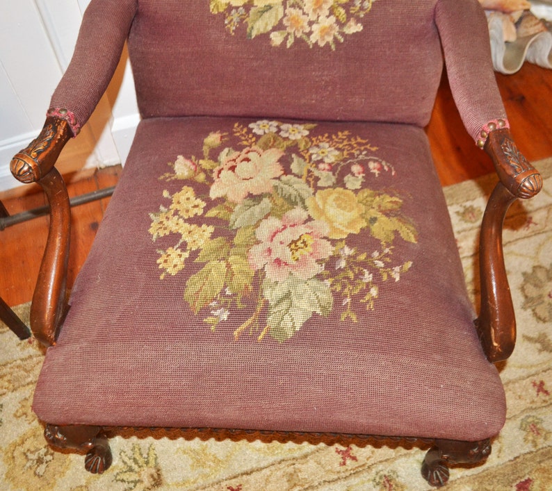 Vintage Burgundy Needlepoint Arm Chair Etsy