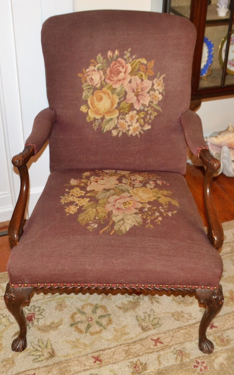 Vintage Burgundy Needlepoint Arm Chair Etsy