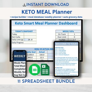 Könnte beinhalten: Ein digitales Keto-Mahlzeitenplaner-Bundle mit Dashboard, Rezept-Builder und Wochenplaner. Das Bild zeigt ein Tablet, ein Telefon und Tabellenkalkulationssymbole mit dem Text "Keto Meal Planner" und "Instant Download". Das Bundle enthält 11 Tabellen.