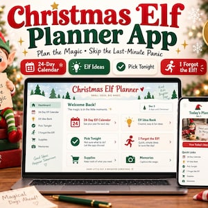 Puede incluir: Una aplicación digital de planificador de elfos navideños en la pantalla de una computadora portátil y un teléfono inteligente. La interfaz incluye un calendario de 24 días, un banco de ideas y listas de tareas. Un elfo de peluche sostiene un letrero.