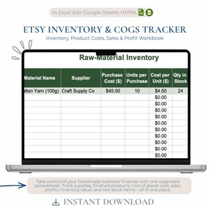 Etsy Inventory and COGS Tracker, Excel Spreadsheet for Handmade Business, Sales and Profit Dashboard