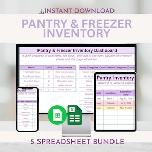 May include: Digital pantry and freezer inventory spreadsheet bundle. The image shows a computer monitor, a tablet, and a smartphone displaying inventory dashboards. The text reads "Pantry & Freezer Inventory" and "5 Spreadsheet Bundle."