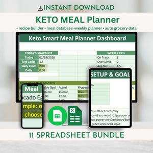 Könnte beinhalten: Digitales Keto-Mahlzeitenplaner-Bundle mit Dashboard, Rezept-Builder und automatischen Lebensmitteldaten. Das Bild zeigt ein Tablet und zwei Smartphones, die Tabellendaten anzeigen. Text enthält "Keto Meal Planner" und "11 Spreadsheet Bundle".