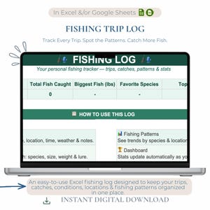 May include: A digital fishing trip log spreadsheet displayed on a laptop screen. The interface features columns for total fish caught, biggest fish in lbs, and favourite species. It includes sections for tracking trips, catches, patterns, and stats.