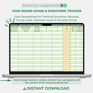 Donation Tracker Spreadsheet, Charitable Giving Planner, Receipt Log, Excel/Google Sheet Template
