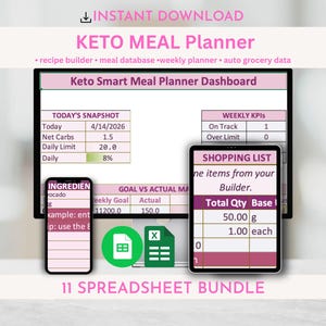 Könnte beinhalten: Digitaler Keto-Essensplaner mit Dashboard, Einkaufsliste und Rezept-Builder. Das Bild zeigt ein Tablet und Smartphone mit Tabellendaten. Der Text enthält "Keto Meal Planner" und "11 Spreadsheet Bundle."