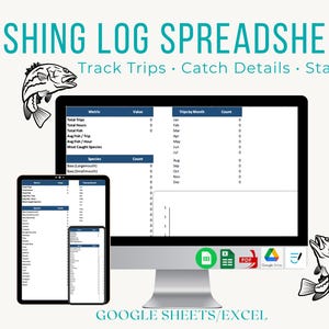 Może przedstawiać: Arkusz kalkulacyjny cyfrowego dziennika wędkarskiego wyświetlany na monitorze komputera, tablecie i smartfonie. Arkusz śledzi wycieczki, szczegóły połowów i statystyki. Słowa "FISHING LOG SPREADSHEET" znajdują się u góry.