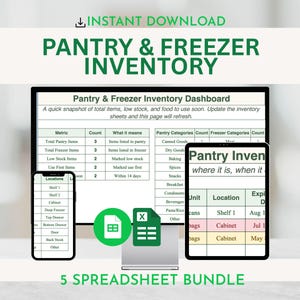 May include: Digital pantry and freezer inventory spreadsheet bundle. The image shows a computer monitor, a tablet, and a smartphone displaying inventory dashboards. The text reads "Pantry & Freezer Inventory" and "5 Spreadsheet Bundle."