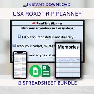 May include: Digital USA Road Trip Planner with the text "USA ROAD TRIP PLANNER" and "Road Trip Planner". The image shows a tablet and a smartphone displaying spreadsheets, along with two icons and the text "13 SPREADSHEET BUNDLE".