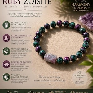 Ruby Zoisite Crystal Bracelet, Natural Healing Gemstone Jewelry, Positive Energy Bracelet, Handmade Gift for Her