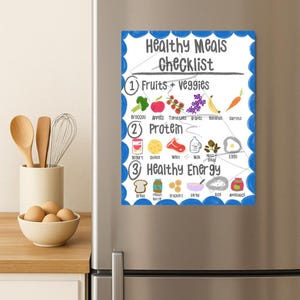 Lista de verificação de refeições saudáveis para crianças - Tabela ilustrada de grupos alimentares, guia nutricional para impressão para casa ou sala de aula