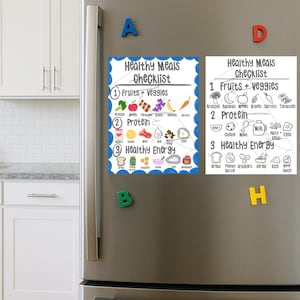 Healthy Meals Checklist Bundle- Printable Nutrition Charts for Kids, Color + Black & White Food Group Posters, Toddler/Preschool PDF Set