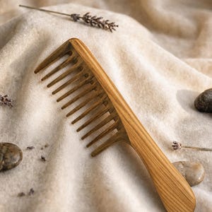 May include: A wide-tooth hair comb crafted from natural wood with a visible grain pattern. The comb features a long, smooth handle and a series of sturdy, tapered teeth designed for detangling hair, showcasing a warm brown colour palette.