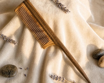 Peine de cola de rata de madera: hecho a mano, de sándalo, antiestático y antifrizz para el cuidado natural del cabello.