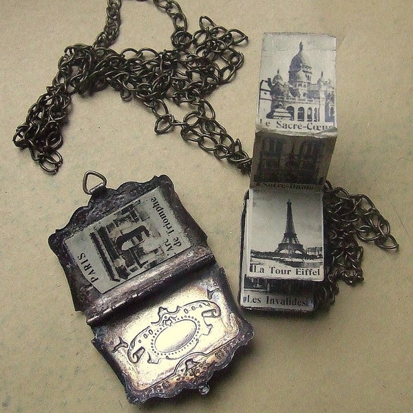Sale-Souvenir locket filled with old photos of Paris - Je me souviens de Paris/ I remember Paris