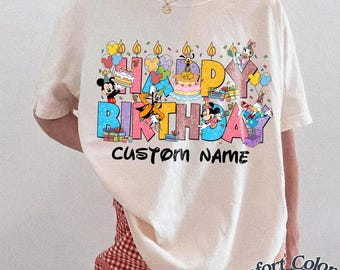 Aangepast Disney-verjaardagsshirt, T-shirt kinderverjaardagsfeestje, gepersonaliseerd Happy Birthday-shirt, verjaardagscadeau Disney-figuren, T-shirt aangepaste naam