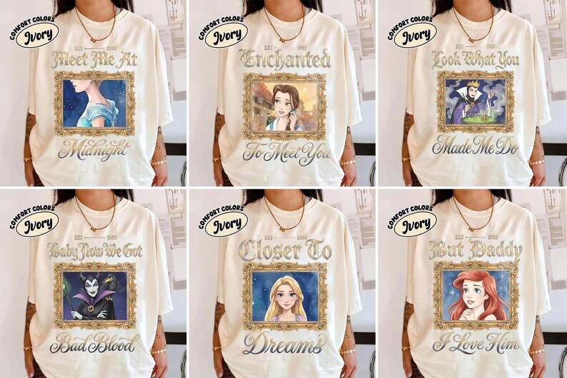 May include: Ivory-colored t-shirts with various framed portraits of animated characters. Each shirt features a different image and text, including "Meet Me At Midnight," "Enchanted To Meet You," and "Look What You Made Me Do."