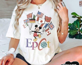 Koszulka Comfort Colors® Epcot z Myszką Miki i flagami narodów w stylu vintage z lat 90., koszulka unisex WDW, Disney Epcot World Tour, rodzinna wycieczka do Disneylandu