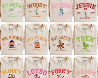 Camiseta retro de Toy Story con colores cómodos, camisetas a juego para toda la familia de Disney, camisetas de grupo de Disney, camisetas de cumpleaños de Toy Story, Woody, Buzz, Jessie y Alien
