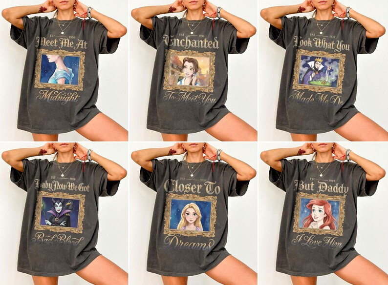 May include: Six dark gray t-shirts with different Disney princess graphics in ornate frames. Each shirt has text, including "Meet Me At Midnight", "Enchanted To Meet You", and "Look What You Made Me Do".