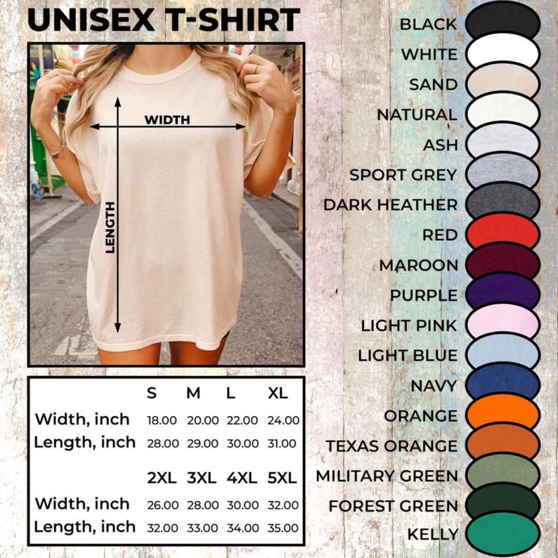 May include: A beige unisex t-shirt with measurements in inches. The image includes a color chart with options like black, white, and navy. Sizes range from S to 5XL, with width from 18 to 32 inches and length from 28 to 35 inches.