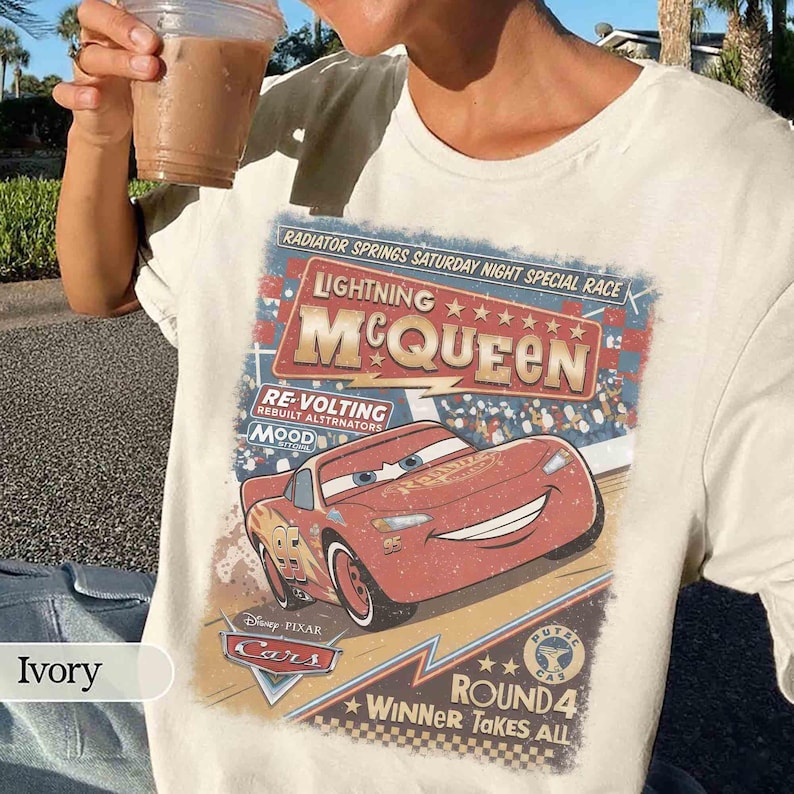 Vintage Pixar Cars Comfort Colors Shirt, Radiator Springs Race Tee, Lightning McQueen Mater Sally Shirt, Disney Cars Family Matching Tee image 2
