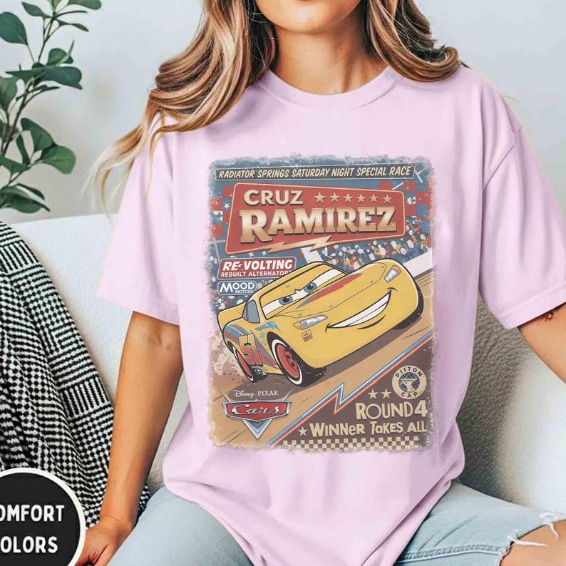 Vintage Pixar Cars Comfort Colors Shirt, Radiator Springs Race Tee, Lightning McQueen Mater Sally Shirt, Disney Cars Family Matching Tee image 5
