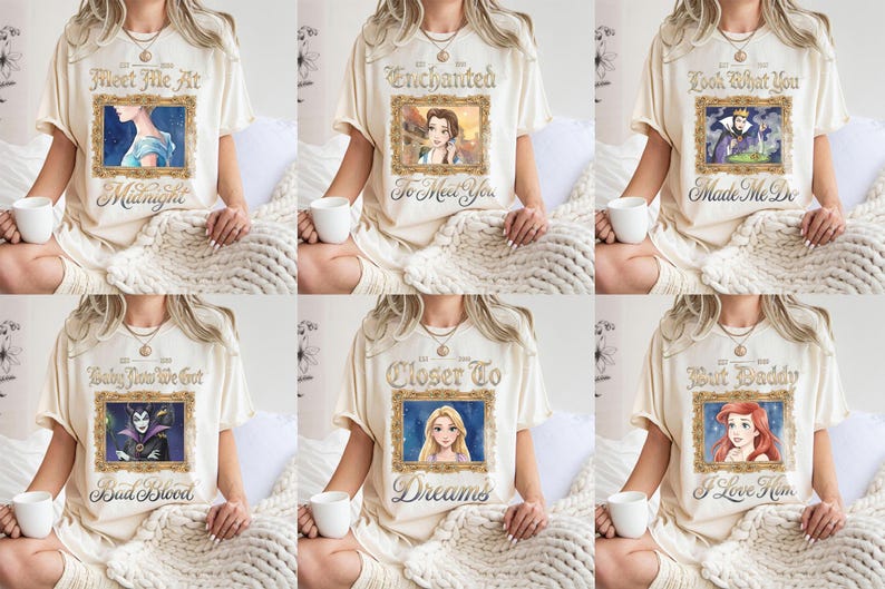 May include: Cream-colored t-shirts with various Disney princess-themed designs. Each shirt features a framed image of a princess with text such as "Meet Me At Midnight" and "I Love Him". The shirts are worn by a person.