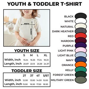 May include: A beige youth and toddler t-shirt with size and color options. The image shows a child wearing the shirt, with measurements in inches for width and length. Color options include black, white, and navy.