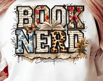 Boek nerd png, collageontwerp varsity bloemenluipaard (digitale download)