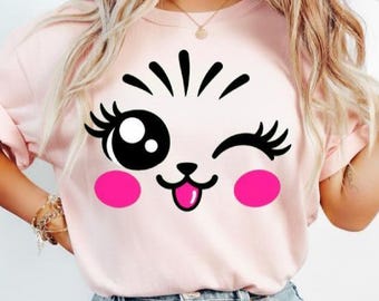 Kawaii Animal Face PNG, Cute Winking Face Clipart, Funny Pink Cheeks PNG, Cute Kawaii Sublimation Design, POD Digital Download