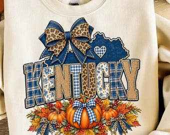 Kentucky Fall PNG, Kentucky State Autumn Shirt Design, Patchwork Kentucky Bow PNG, Farmhouse Fall Sublimation, Pumpkin Gingham Leopard PNG